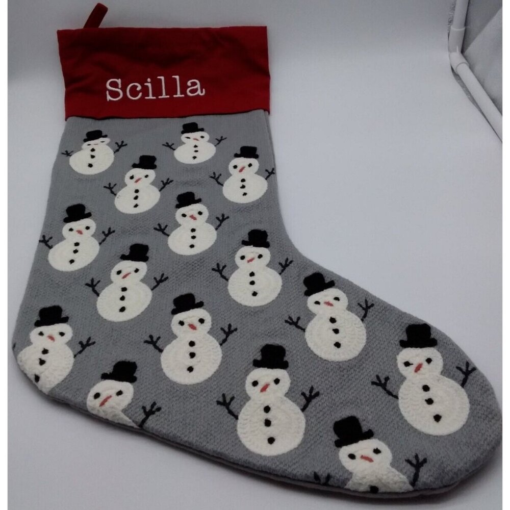 Pottery Barn Scilla Snowman Crewel Embroidery Christmas Holiday Xmas Stocking